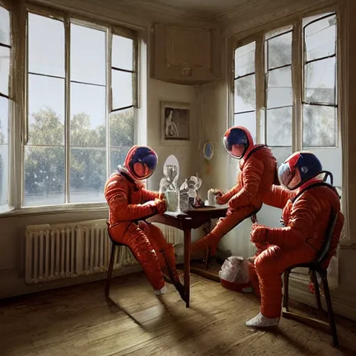 Prompt: 3 cosmonauts in a spacesuit drinks a steaming cup of tea at an old wooden desk in a richly decorated victorian house. the autumn light comes in through a window and dimly illuminates the room, diffuse light, octane render