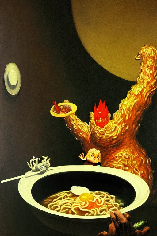 Image similar to evil human giant baby godzilla eating a huge bowl of ramen in new york city, hauntingly surreal, highly detailed painting by francis bacon, edward hopper, adrian ghenie, gerhard richter, and james jean soft light 4 k,