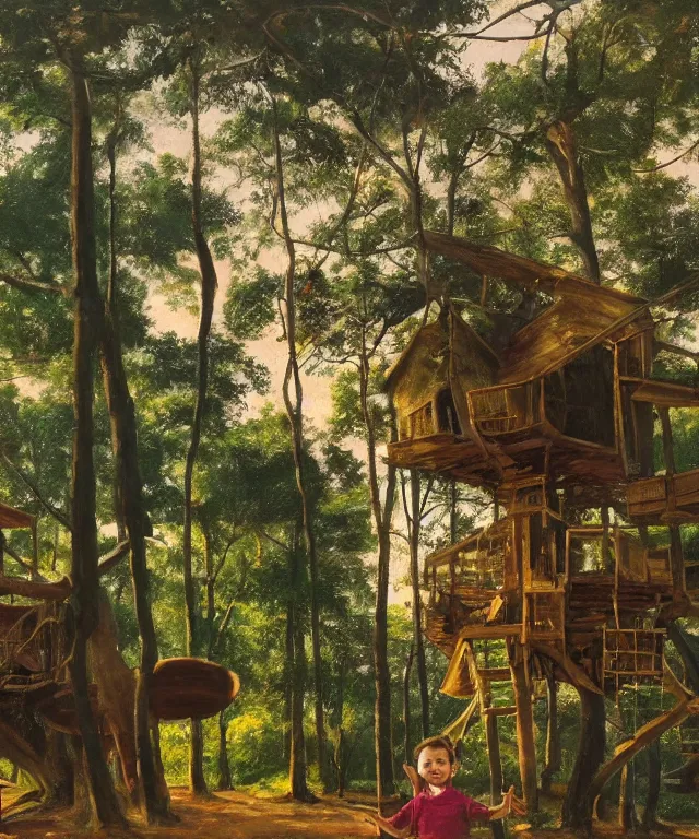 Image similar to masterful oil on canvas painting, eye - level view, shot from 5 0 feet distance, of a kid playing in a treehouse. in the background is a whimsical forest. golden hour, detailed, depth, volume, chiaroscuro, quiet intensity, vivid color palette.