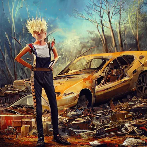 Image similar to a skinny elf with spiky blonde hair wearing dark brown overalls and holding dynamite standing next to a destroyed car, painting by artgerm