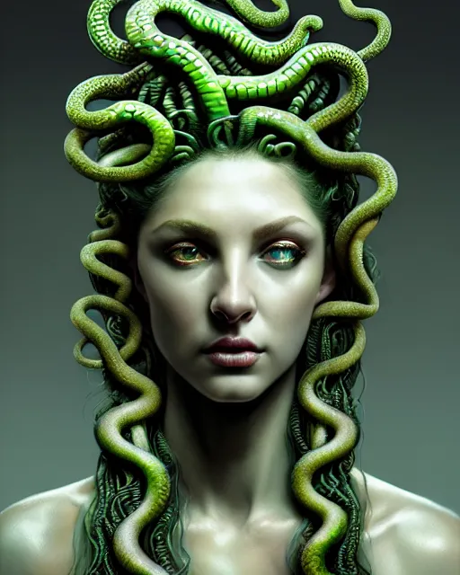 Prompt: hyperrealistic mixed media painting of beautiful Medusa, green scaley serpents in her hair, pale grey stony skin, devious expression, full body, stunning 3d render inspired art by P. Craig Russell and Barry Windsor-Smith + perfect facial symmetry + dim volumetric lighting, 8k octane beautifully detailed render, post-processing, extremely hyperdetailed, intricate, epic composition, grim yet sparkling atmosphere, cinematic lighting + masterpiece, trending on artstation, very very detailed, masterpiece, stunning