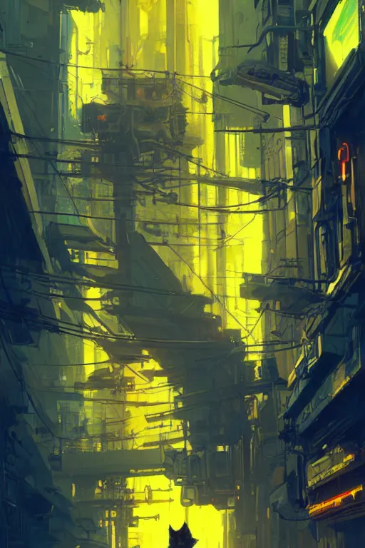 Image similar to yellow cat inside a cyberpunk city, highly detailed, digital painting, artstation, concept art, sharp focus, illustration, art by greg rutkowski and alphonse mucha