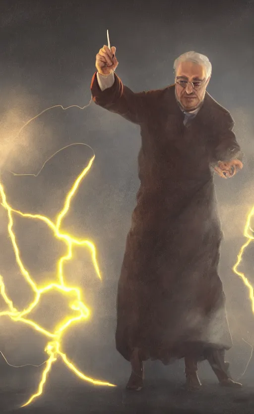 Image similar to Eliezer Yudkowski casting an electricity spell. Digital art trending on artstation. 4k. Tyndall effect.