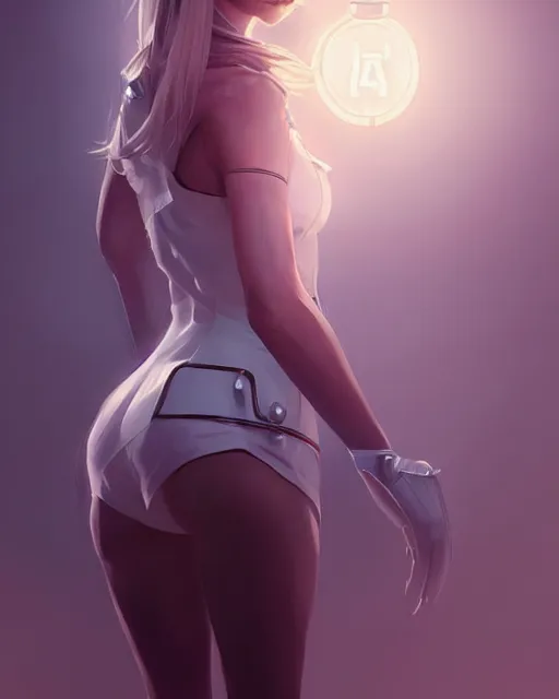 Prompt: beautiful nordic woman wearing futuristic nurse outfit, beautiful, detailed portrait, cell shaded, 4 k, concept art, by wlop, ilya kuvshinov, artgerm, krenz cushart, greg rutkowski, pixiv. cinematic dramatic atmosphere, sharp focus, volumetric lighting, cinematic lighting, studio quality