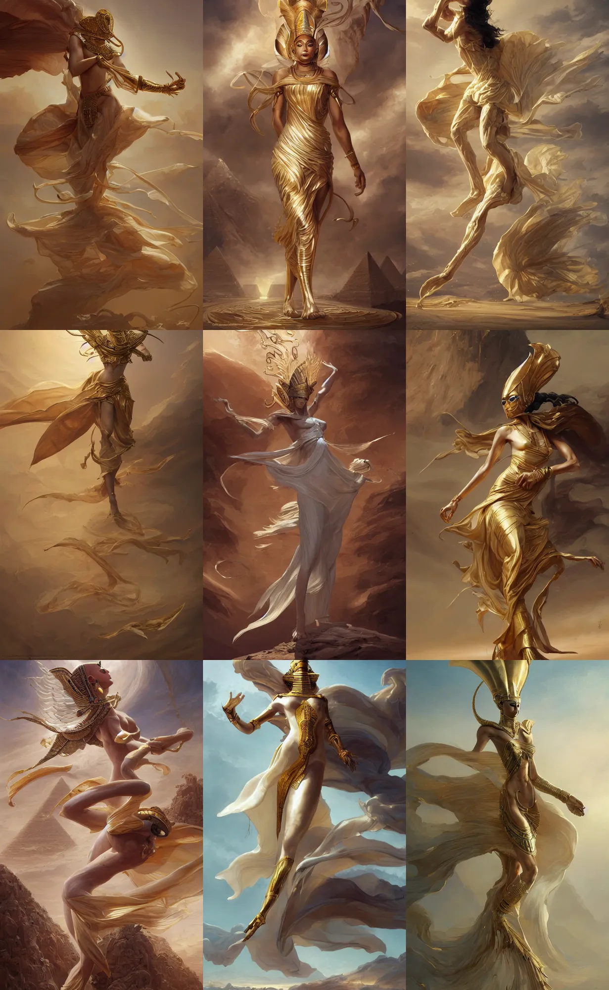 Prompt: ivory skin, wind egyptian god, full body shot, golden cloth in the wind, highly detailed, digital painting, artstation, concept art, sharp focus, illustration, orientalism, art by aleksi briclot and mohrbacher and raphael lacoste and magali villeneuve