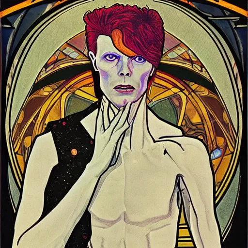 Image similar to david bowie as thomas newton the man who fell to earth, mucha style, art nouveau,