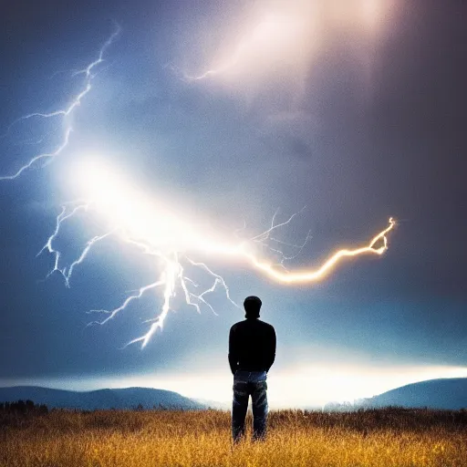 a man getting struck by lightning, Golden hour, | Stable Diffusion ...