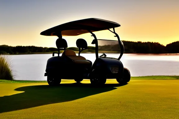 Prompt: a golf cart on a golf coarse at sunset in front of a lake