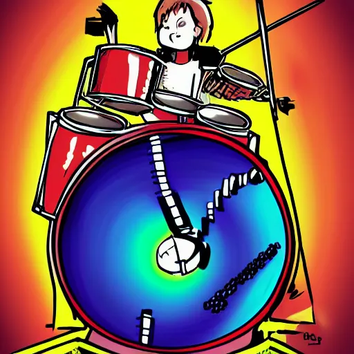 Image similar to the coolest kid in middleschool performing a super drum solo at the talent show digital art, cartoon, artstation