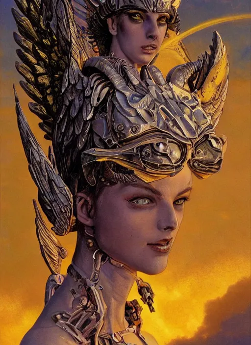 Image similar to biblical diabolical beautiful female valkyree android, pegasus, jump, rollerblades, heavy eyes to the side, closeup, bright glowing veins, in clouds, sunset, portrait, by gerald brom, by mikhail vrubel, by peter elson, muted colors, extreme detail, reflections, trending on artstation, 8 k