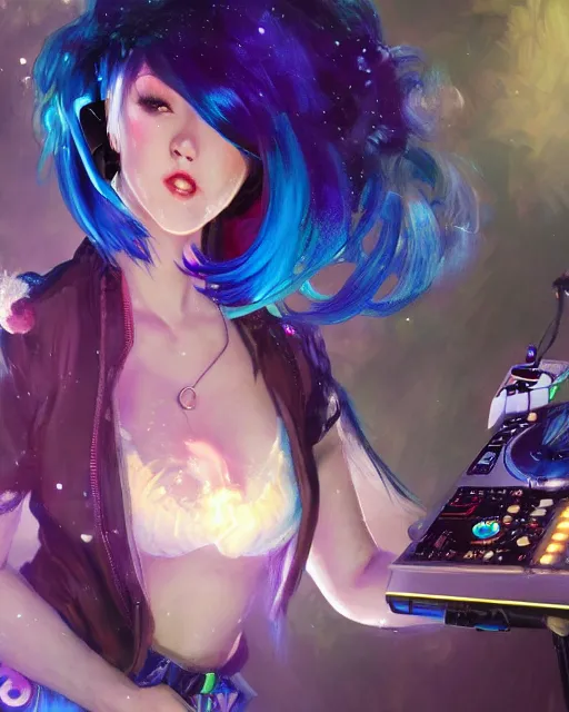 Image similar to pretty girl djing at a rave, blue hair, rem rezero, sharp focus, digital painting, 8 k, concept art, art by wlop, artgerm, greg rutkowski and alphonse mucha