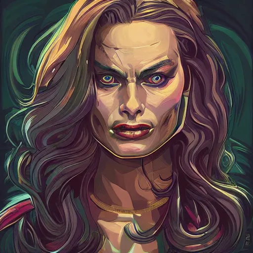 Prompt: “A portrait of a demonic Margot Robbie, digital art by Dan Mumford and Peter Mohrbacher, highly detailed, trending on DeviantArtHQ”