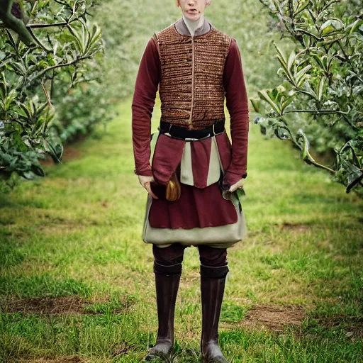 Image similar to portrait of a slender elven man, standing in an apple orchard, dressed in medieval clothes, very handsome, dungeons and dragons