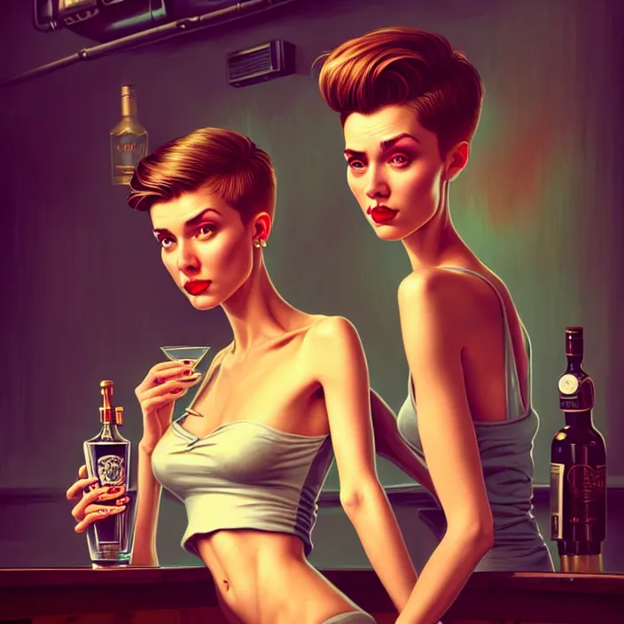 Prompt: a young sophisticated beautiful barmaid, dimly lit dive bar, hip modern vibe, relaxed pose, pixie cut with shaved side hair, wild, highly detailed, digital painting, artstation, sharp focus, illustration, detailed painterly digital art style by Joe Fenton + perfect facial symmetry + dim volumetric lighting, vibrant deep colors, 🍸, 8k octane beautifully detailed render, post-processing, extremely hyperdetailed, epic composition, grim yet sparkling atmosphere, cinematic lighting + masterpiece, Art Nouveau, unreal engine, hyperrealistic