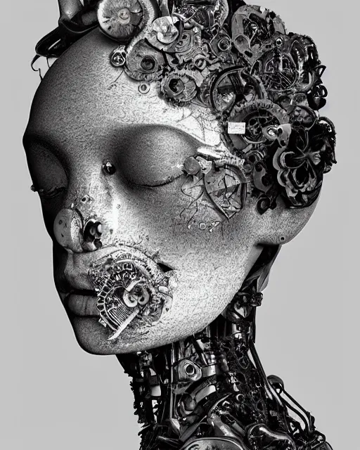 Image similar to black and white dreamy foggy smoky profile face portrait, one silver steampunk eye biomechanical beautiful young female cyclope - cyborg - robot bust, body ribs meshes,, volumetric light, hibiscus flowers, by hg giger, rim light, by dora maar and cecile beaton, big gothic fashion pearl embroidered collar, 8 k