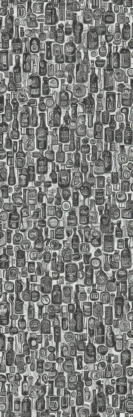 Prompt: repeating pattern of stylized beer bottles, extremely detailed and intricate, monochromatic