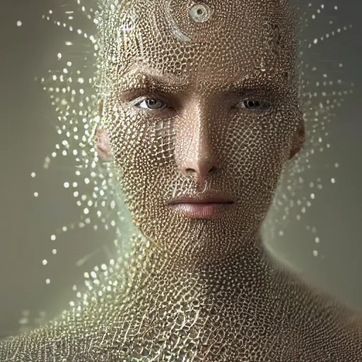 Prompt: full shot of a regal brown woman wearing an intricate and detailed armor made of thousands of dew drops. refracted light. reflections. morning dew.. delicate. translucent. no makeup!! haunting eyes. vulnerable. fragile. ethereal. refracted light. by louise dahl - wolfe. by michal karcz. octane render