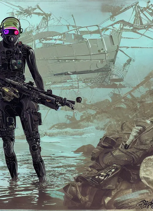 Image similar to Maryanne. USN blackops operator emerging from water at the shoreline. Operator wearing Futuristic cyberpunk tactical wetsuit and looking at an abandoned shipyard. Frogtrooper. rb6s, MGS, and splinter cell Concept art by James Gurney, Alphonso Mucha. Vivid color scheme.