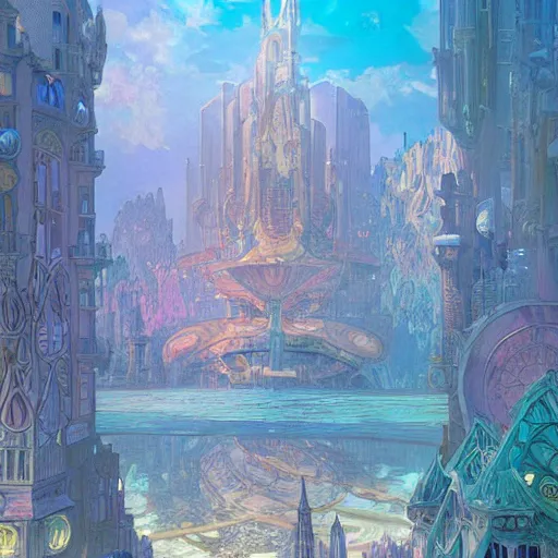 Prompt: a beautiful stunning fantasy matte digital painting of the cityscape of the underwater city of Atlantis, art nouveau, vibrant pastel color palette, by Alphonse Mucha and Tyler Edlin, trending on artstation hq