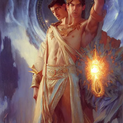 Image similar to attractive male deity casts light spell, summons attractive male lucifer morningstar. highly detailed painting by gaston bussiere, craig mullins, j. c. leyendecker 8 k