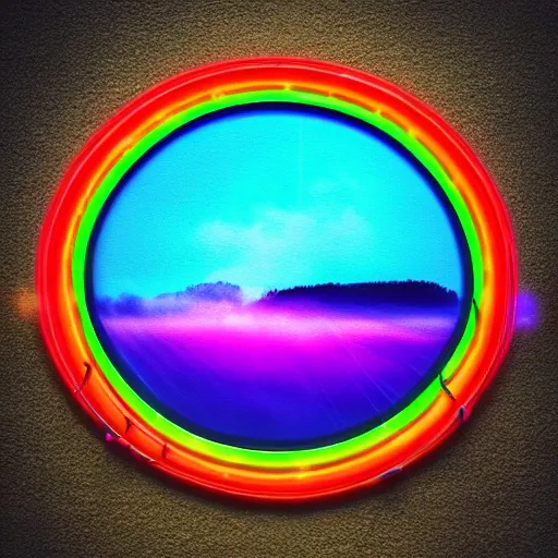 Image similar to rainbow neon sign half circle in water reflected on lake, misty mountains surrounded by beautiful forest, sunny summertime sunlit daylight, hdr, 4 k, award winning photography, volumetric lighting, artstation