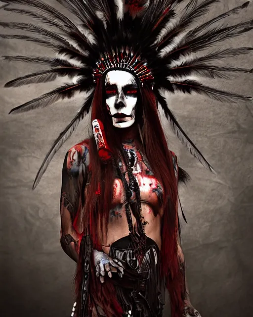 Image similar to lady native sisters ghost - spirit of the grim - warpaint wears the scarlet skull armor and native blood headdress feathers, midnight fog - mist!, dark oil painting colors, realism, cinematic lighting, various refining methods, micro macro autofocus, ultra definition, award winning photo, photograph by ghostwave - gammell - giger - shadowlord