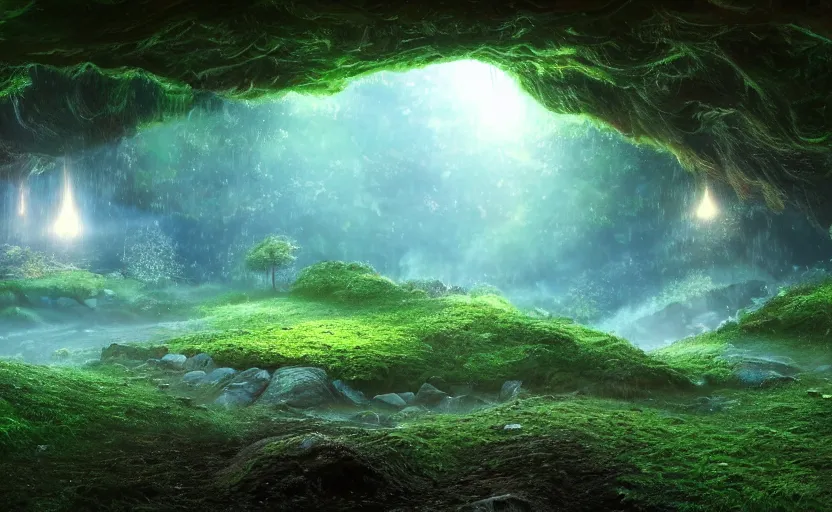 Image similar to a beautiful and stunning professional digital artwork of a glowing mushroom cave, haze, spores floating in the air, waterfall, volumetric lighting, hyperrealistic, rtx on, ultra detail