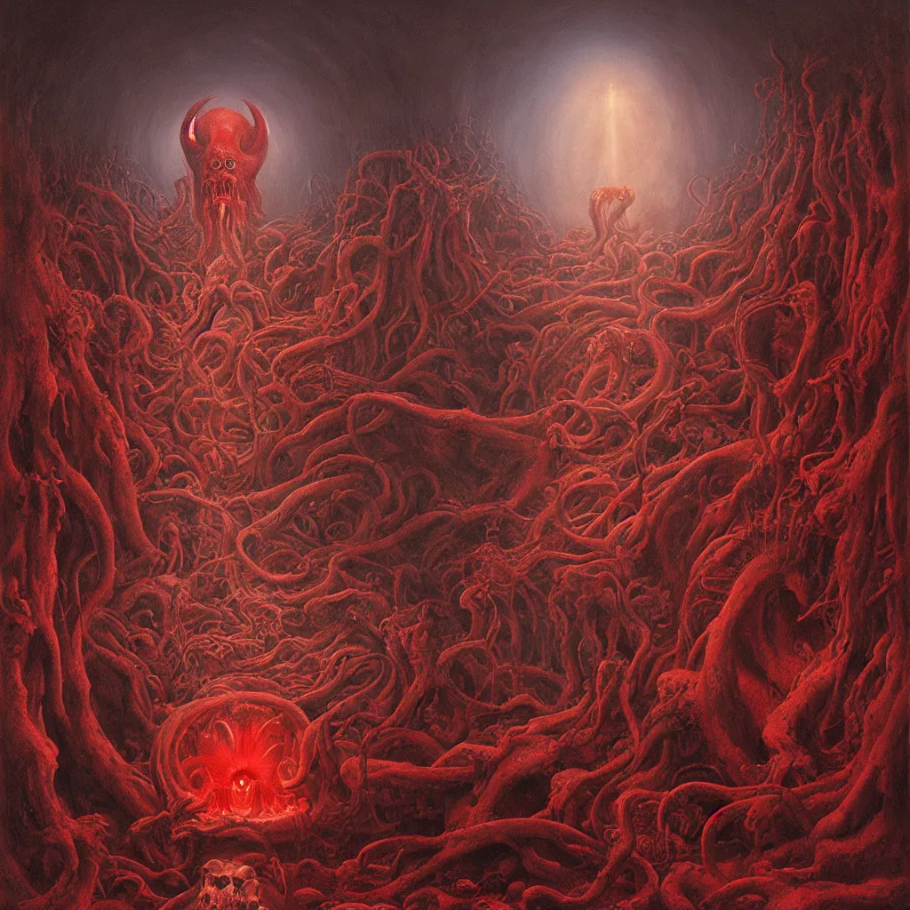 Prompt: a realistic painting of a lovecraft cthulhu creature inside a singular portal hell gate, shining its light across a tumultuous sea of red fluids and skulls by zdzisław beksinski and h. r. giger, translucent, photorealistic, hyperrealism, high resolution, ultra - detailed