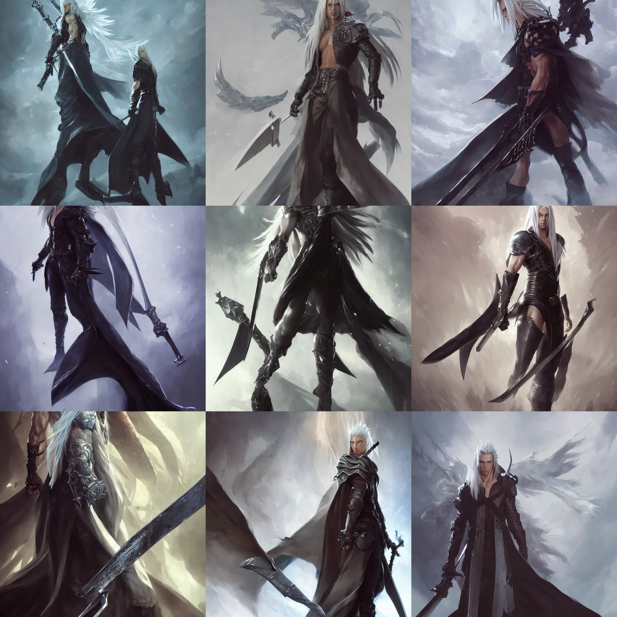Prompt: full body portrait of sephiroth from final fantasy, artwork by greg rutkowski, young, attractive, highly detailed portrait, scifi, digital painting, artstation, concept art, smooth, sharp foccus ilustration, artstation hq