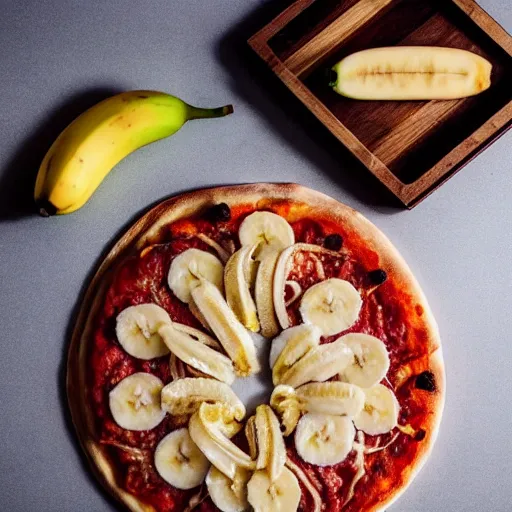 Image similar to a photo a whole unpeeled banana on top of a pizza, food photo, professional food photo, iphone, whole banana 4 k