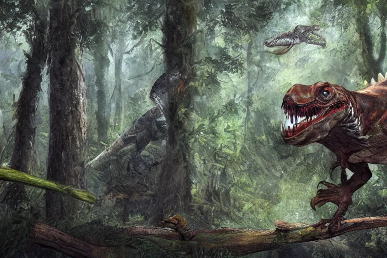 Image similar to highly detailed photograph of a oil raptor in the forest, featured on pixiv