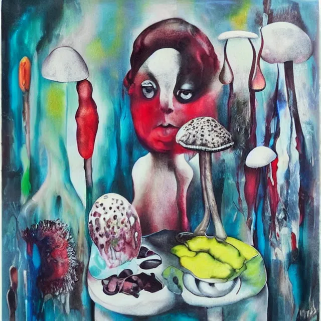 Prompt: “ surrealism, a portrait in a female art student ’ s apartment, mushrooms, sensual, art supplies, a candle dripping white wax, berry juice drips, acrylic and spray paint and oilstick on canvas, neoexpressionism ”