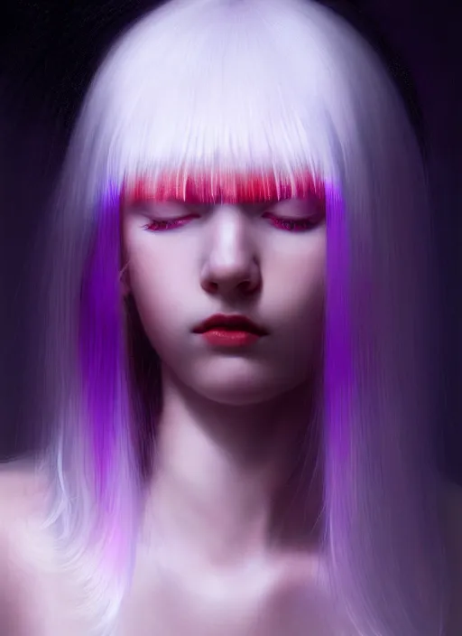 Image similar to hair whitebangs hair, black hair, whitebangs, portrait of teenage girl with white bangs, red irises, purple clothes, white bangs, bangs are different color from hair, intricate, elegant, glowing lights, highly detailed, digital painting, artstation, concept art, smooth, sharp focus, illustration, art by wlop, mars ravelo and greg rutkowski