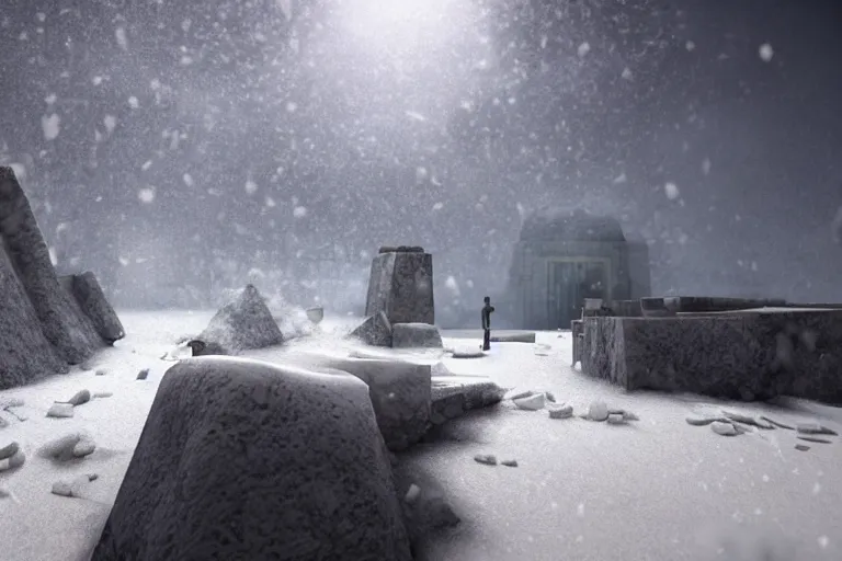 Prompt: a very windy and cold place, everything is made out of ice, ancient egypt, snowing, cinematic lighting