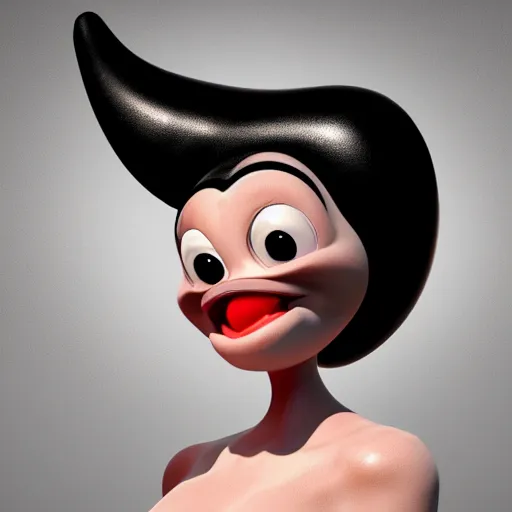 Prompt: side view caricature hypnotic female crazy cute sexy goddess with curvy horns with huge enormous crazy cartoony eyes, in the style of pixar characters, disney mickey mouse, donald duck, tex avery, 3 d render, zbrush, artstation, octane render