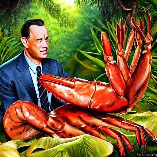 Image similar to Tom Hanks as forrest gump sitting on a giant shrimp in the jungle, realistic digital painting, photoreailstic, realistic face, amazing detail, sharp