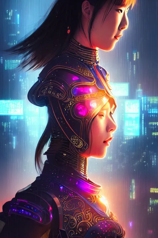 Image similar to portrait futuristic wuxia armor heroine Girl with thunder and fire sparkles and starlight, fighting in future cyberpunk beijing rooftop , ssci-fi, fantasy, intricate, very very beautiful, elegant, human structure, neon light, highly detailed, digital painting, artstation, concept art, smooth, sharp focus, illustration, art by tian zi and WLOP and alphonse mucha