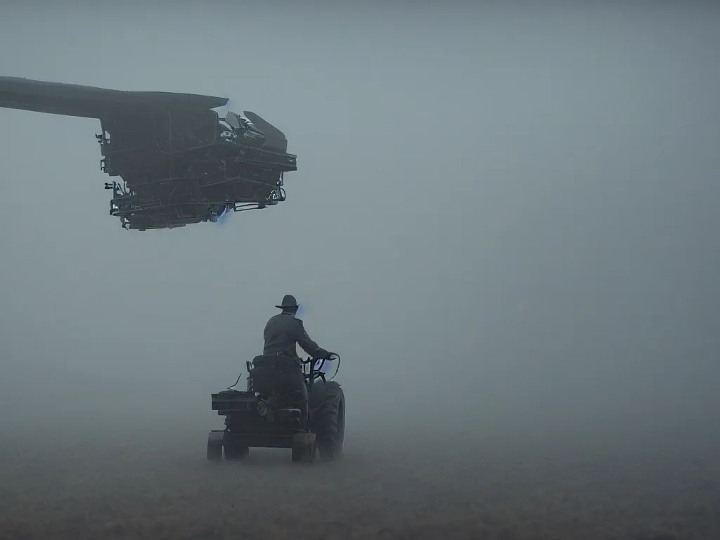 Prompt: farmer riding his flying machine to harvest crops at a vertical farm in blade runner 2 0 7 2, cinestill, denis villeneuve, atmospheric, morning light, foggy, distant, futuristic, muddy and dirty, ultra - hd, ultra - realistic