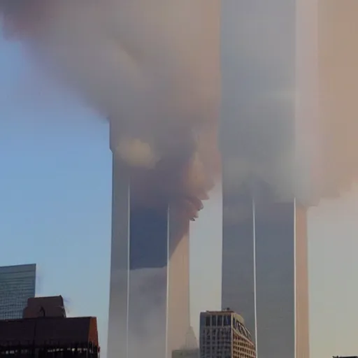 Prompt: 9 / 1 1 but the twin towers'smoke is blue because of the gender reveal