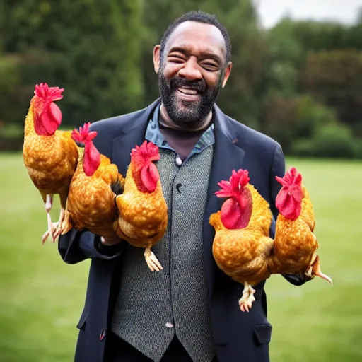 Prompt: lenny henry juggling chickens