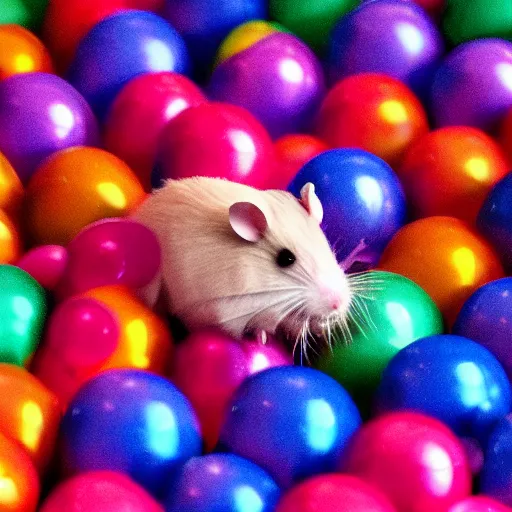 Image similar to pink hamster having fun in colorful balls, realistic photography, warm colours, marc caro and jean - pierre style, high quality image, 4 k, hyper detailed