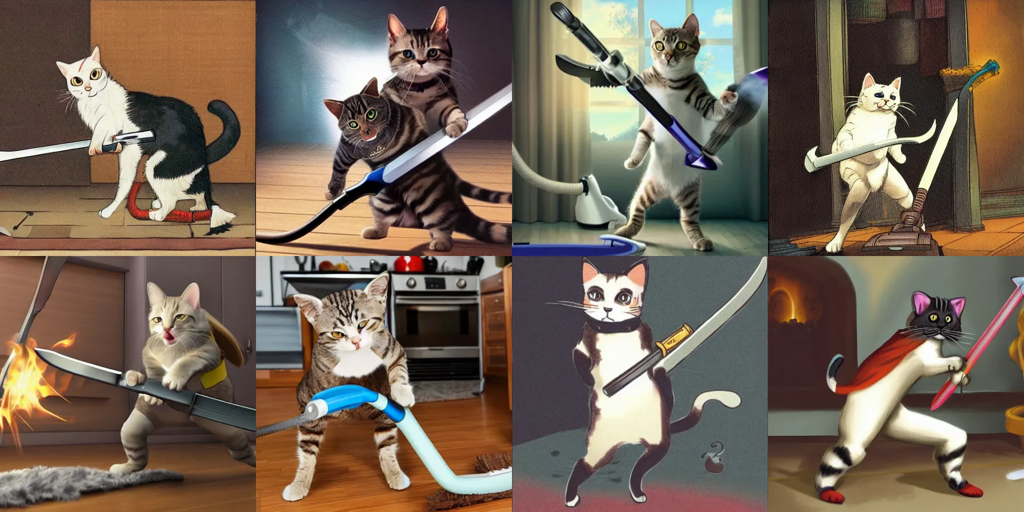 Prompt: a cat wielding a greatsword while fighting a vacuum cleaner