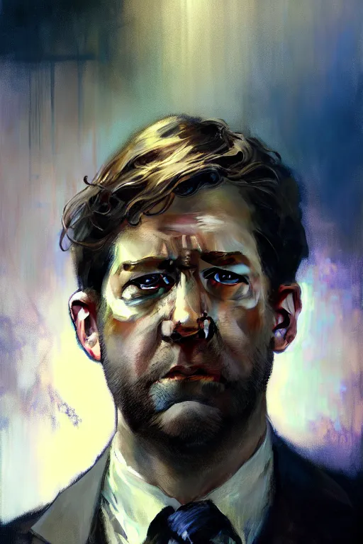 Prompt: hyperrealist portrait of jim halpert by jeremy mann and alphonse mucha, fantasy art, photo realistic, dynamic lighting, artstation, poster, volumetric lighting, very detailed faces, 4 k, award winning