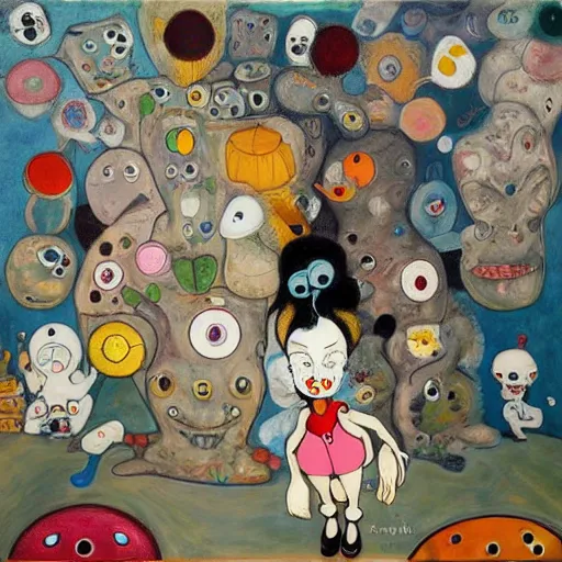 Prompt: an oil painting by Gary Baseman and Egon Schiele and Takashi Murakami