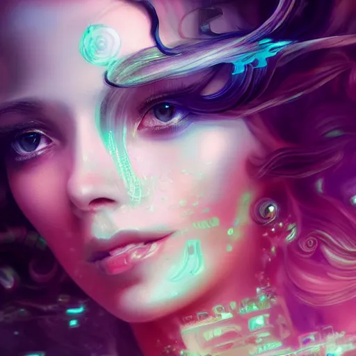 Prompt: Beautiful rococo victorian princess, cyberpunk vapor wave glitch wave art, 4k digital illustration by artgerm, wlop, medium close up shot, artstation, 8k resolution, soft focus