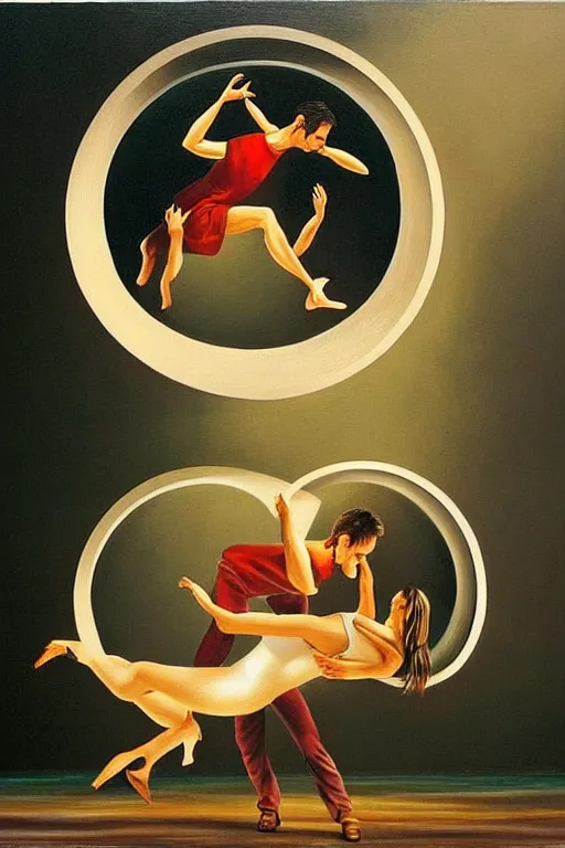 Image similar to optical illusion painting of a couple dancing in a worm hole, illusionism, look twice, mind blow, by leandro erlich and salvador dali, detailed