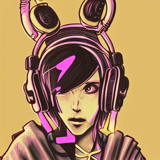 Prompt: a drawing of a person with headphones on, cyberpunk art by Hirohiko Araki, behance, funk art, synthwave, darksynth, official art