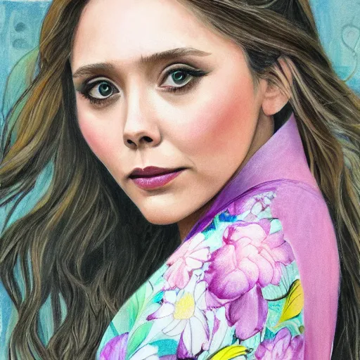 Image similar to Elizabeth Olsen in kimono art drawn in art style of WLOP full HD 4K highest quality realistic beautiful gorgeous natural WLOP artist painting