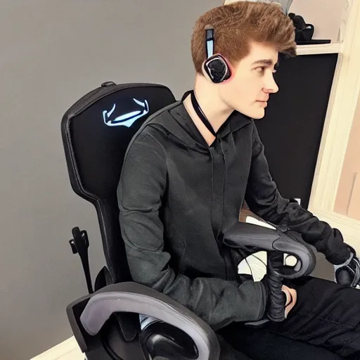 Image similar to “a realistic detailed photo of a guy who is an attractive humanoid who is half robot and half humanoid, who is a male android, twitch streamer Ninja Tyler Blevins, shiny skin, posing like a statue, blank stare, on a gaming chair streaming”