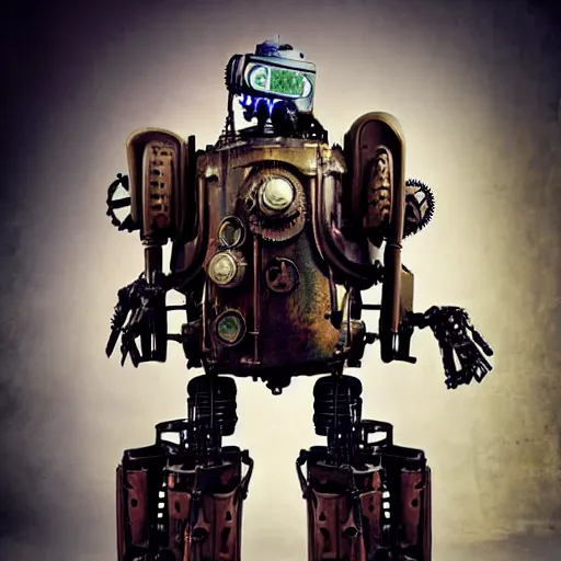 Prompt: real steampunk mech suit with cyberpunk background, photography by annie leibovitz